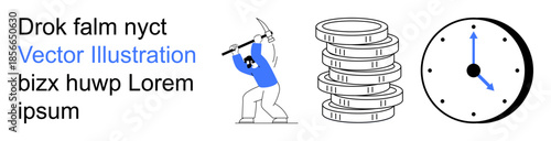 Cryptocurrency, mining activity, time management, financial growth, business strategy, blockchain economy. Person digging coins and time clock . Cryptocurrency and mining activity concepts