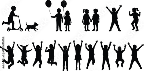 Children playing silhouettes, happy kids jumping with balloons, scooter and dog, joyful childhood fun vector illustration isolated on white background