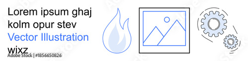 Industrial processes, creativity, design tools, technology, branding, visual communication. A set of icons with gears, a flame and a framed photo outline. Industrial processes and creativity