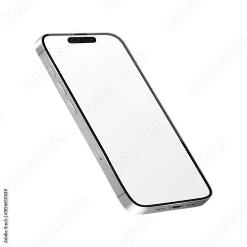 Realistic Silver Smartphone Mockup Angled View with Blank Screen for App Design, Modern Mobile Phone with Dynamic Island Isolated on Transparent Background