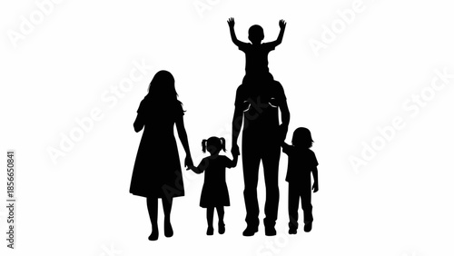 Silhouette of a happy family with parents and three children.