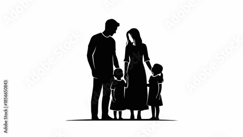 Silhouette of a happy family with two children holding hands.