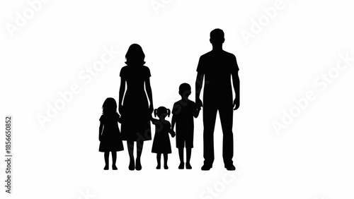 Silhouette of a happy family with two parents and three children.