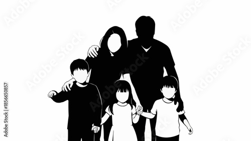 Silhouette of a happy family with three children standing together.