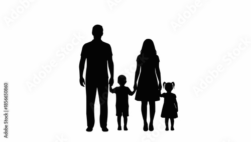 Silhouette of a happy family with two children holding hands.