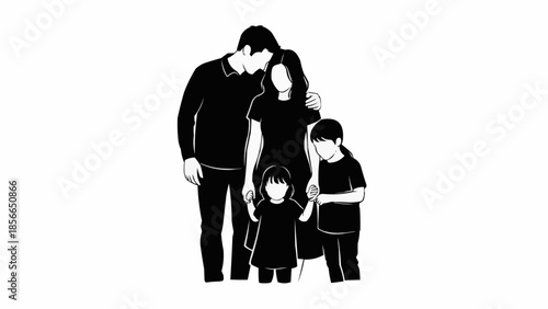 Silhouette of a happy family with two children standing together.