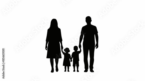 Silhouette of a family with two young children holding hands.