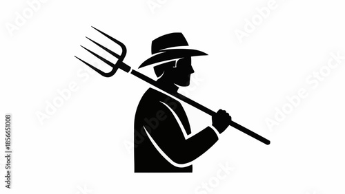 Silhouette of a farmer holding a pitchfork on a white background.