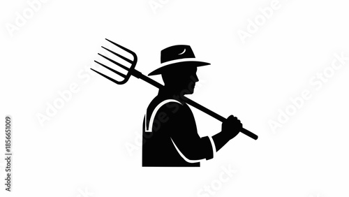Silhouette of a farmer holding a pitchfork on his shoulder.