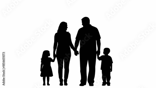 Silhouette of a happy family holding hands on a white background.