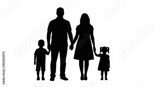 Silhouette of a happy family holding hands on a white background.
