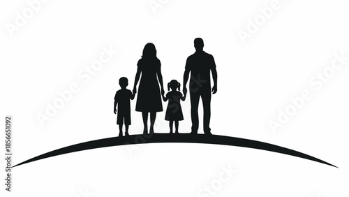 Silhouette of a happy family standing together on a curved line.