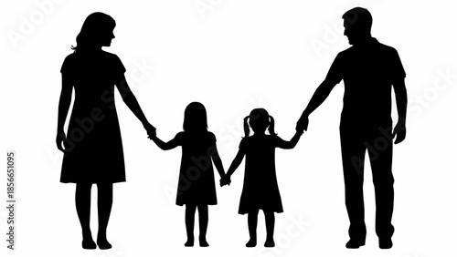Silhouette of a happy family holding hands together.