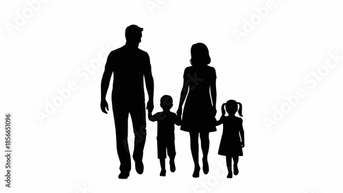 Silhouette of a happy family walking together holding hands.