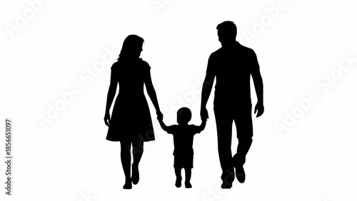 Silhouette of a happy family walking together holding hands.