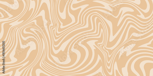 Beige marble acrylic swirl seamless pattern. Coffee latte, caramel, ice cream texture. 1970s trippy psychedelic waves print background.