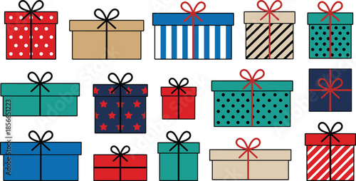 Colorful gift boxes set with ribbons and bows, festive presents vector illustration isolated on white background for celebration design collection