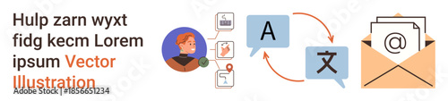 Language learning, translation services, communication tools, cross-cultural exchange, digital correspondence, professional networks. Visuals include a person, documents, translation and an email