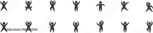 Black human gesture and movement silhouette icon set with expressive poses for activity, celebration, and wellness-themed design use.