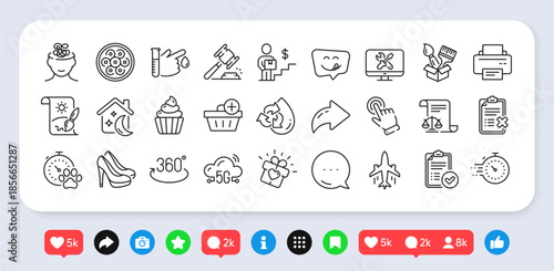 Cursor, Auction hammer and Blood donation line icons pack. Social media: share, comment, like icons. Creative painting, Cable section, Approved report web icon. Cupcake, Timer, Plane pictogram. Vector