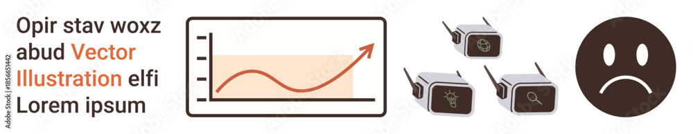 Fototapeta premium Data analysis, growth tracking, video surveillance, security monitoring, privacy concerns, emotions in technology. Rising trend graph, security cameras and sad face icon. Data analysis and security