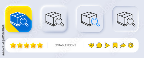 Search package line icon. Neumorphic, Flat shadow, 3d buttons. Delivery box sign. Parcel tracking symbol. Line search package icon. Social media icons. Vector