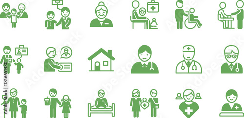 Green icons of healthcare roles including family care, medical professionals, patient support, and clinic interactions