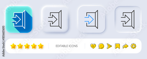 Exit line icon. Neumorphic, Flat shadow, 3d buttons. Open door sign. Entrance symbol with arrow. Line exit icon. Social media icons. Vector