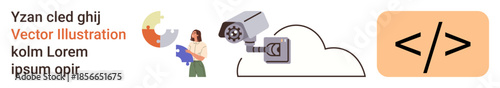 Cloud computing, data security, programming, surveillance, online communication, digital technology. Illustration features a woman with cloud storage, a security camera, and coding symbol