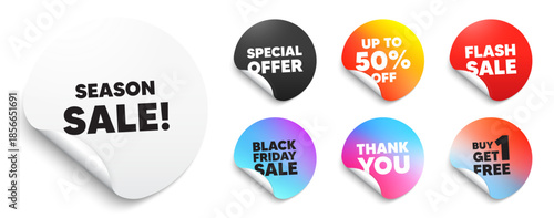 Season sale sticker tag. Special offer paper price tags. Season sale tag. Special offer price sign. Advertising discounts symbol. Discount, black friday sticker. Promo banner. Vector