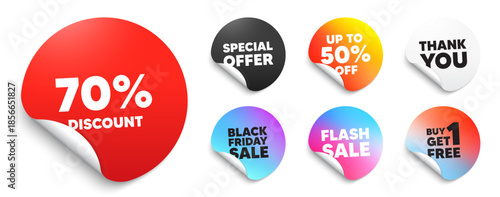 Discount red sticker tag. Special offer paper price tags. 70 percent discount tag. Sale offer price sign. Special offer symbol. Discount, black friday sticker. Promo banner. Vector
