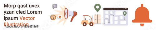 Business logistics, notifications, delivery services, communication, navigation, e-commerce. Vector of delivery truck, map bell megaphone and coins. Logistics and notifications concept