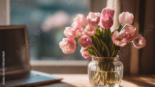 A vase of pink tulips sits on a desk next to a laptop in a bright and airy room