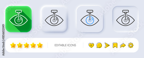 Eye laser surgery line icon. Neumorphic, Flat shadow, 3d buttons. Oculist clinic sign. Optometry vision symbol. Line eye laser icon. Social media icons. Vector