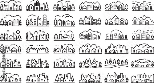 Various city and mountain landscape icons in simple line style for design use