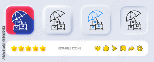 Delivery insurance line icon. Neumorphic, Flat shadow, 3d buttons. Risk management sign. Packages with umbrella symbol. Line delivery insurance icon. Social media icons. Vector