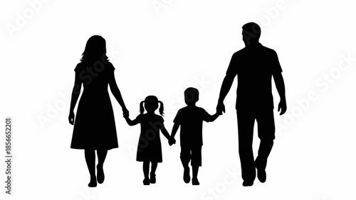 Silhouette of a family walking together holding hands.