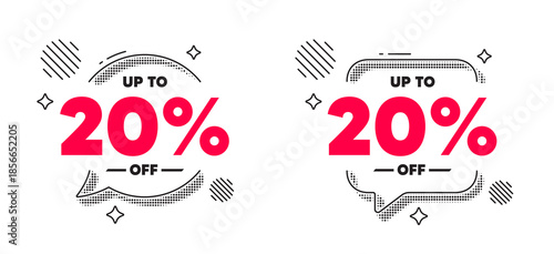 Discount tag chat speech bubble. Social media concept. Up to 20 percent off sale. Discount offer price sign. Special offer symbol. Save 20 percentages. Line design chat bubble. Vector
