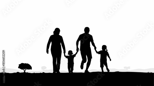 Silhouette of a family walking together holding hands outdoors.