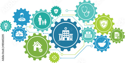 Healthcare system illustration with interconnected gears showing hospital, doctor, family, pharmacy, and wellness icons for medical design
