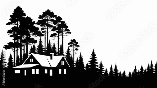 Silhouette of a house nestled among tall pine trees.