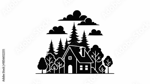 Silhouette of a house nestled among trees and clouds.