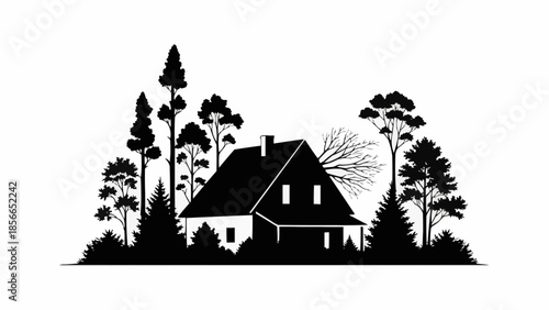 Silhouette of a house nestled among tall pine trees.