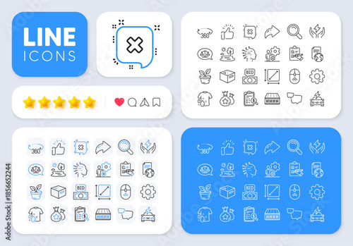 Job, Checklist and Car charging line icons for web app. Message, Share, Like social media icons. Pack of Justice scales, Accounting report, Wash t-shirt pictogram icons. Vector