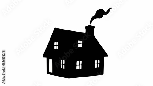 Silhouette of a house with smoke coming from the chimney.