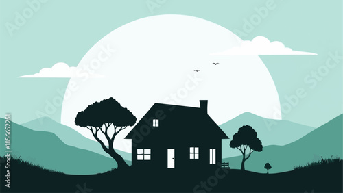 Silhouette of a house with trees and mountains at sunset.
