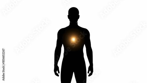 Silhouette of a human body with a glowing light in the chest area.