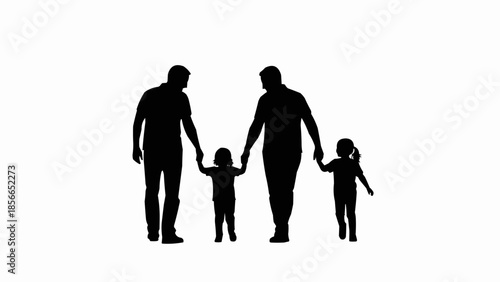 Silhouette of a loving gay couple holding hands with their two young children.