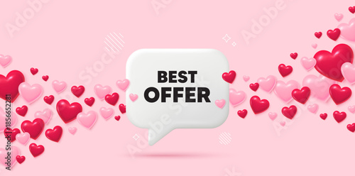 Best offer chat speech bubble. 3d hearts pink background. Best offer tag. Special price Sale sign. Advertising Discounts symbol. Valentines day greeting card. Flying hearts. Vector