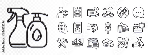 Bike, Laundry and Corrupt line icons for web app. Glare of light effect. Message icon. Pack of Food market, Push cart, Potato pictogram icons. Delivery, Technical info, Spanner tool signs. Vector
